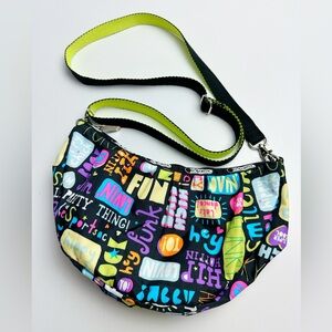 Lesportsac Fun Words Graffiti Crossbody Handbag Purse NWOT Crescent Moon Shape